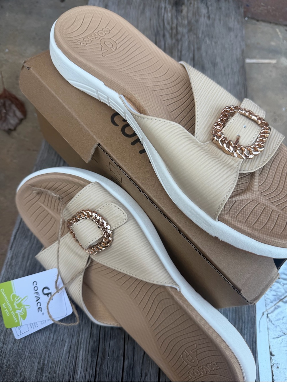 Coface Cream Slide Sandals with Gold Chain Buckle